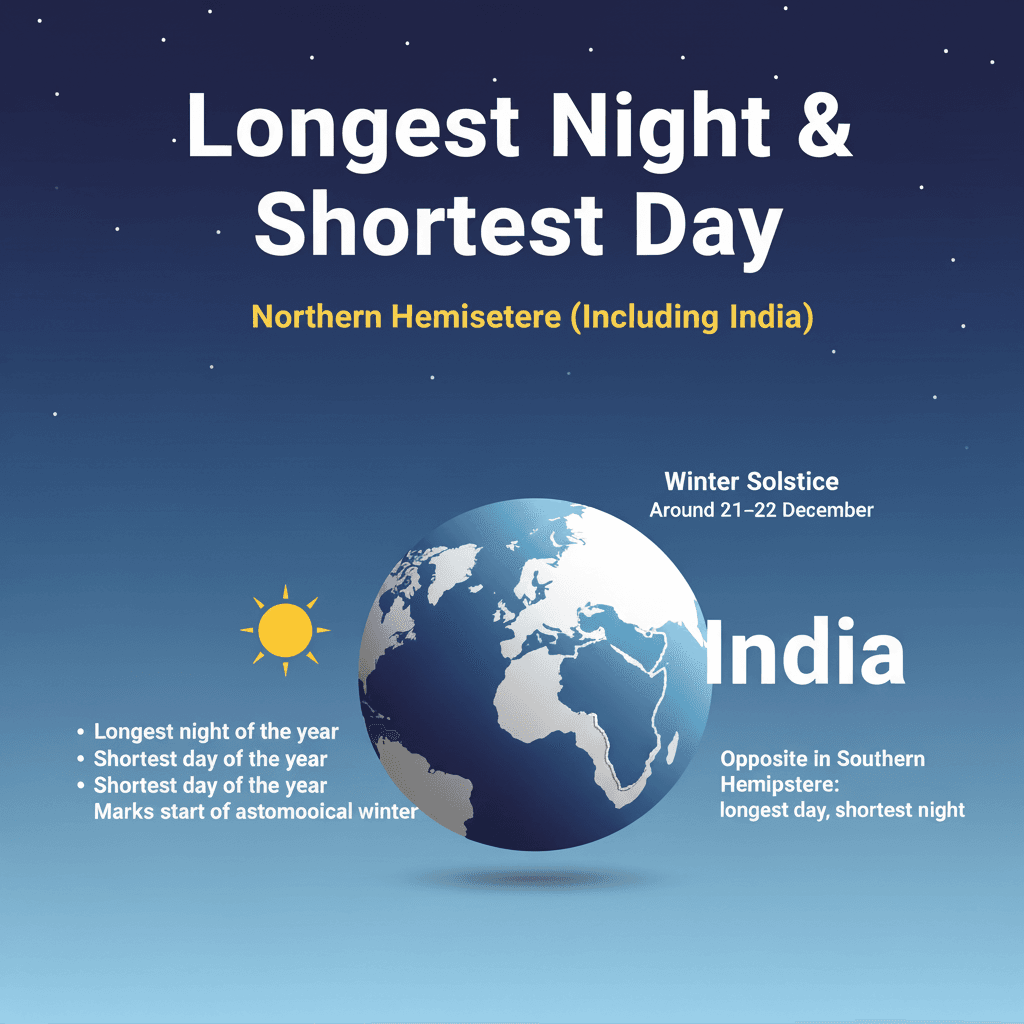 In the Northern Hemisphere (India included) → longest night & shortest day