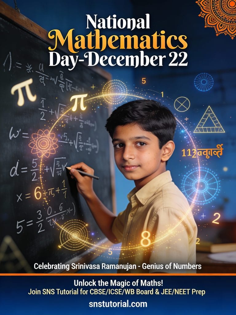 🎉 Today, Dec 22 - National Mathematics Day! Honoring Srinivasa Ramanujan, the wizard of numbers whose discoveries still shape modern math. Unlock your potential with SNS Tutorial's expert coaching for CBSE/ICSE/WB Boards & JEE/NEET. Let's solve the future together! 🧮✨ #NationalMathDay #Ramanujan #SNSTutorial #MathMagic snstutorial.com