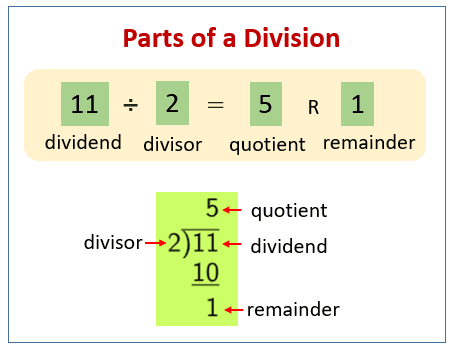 Division becomes easy when students know the role of every number in the problem. In this example, 11 is the dividend, 2 is the divisor, 5 is the quotient, and 1 is the remainder—showing the complete relationship: Dividend = Divisor × Quotient + Remainder